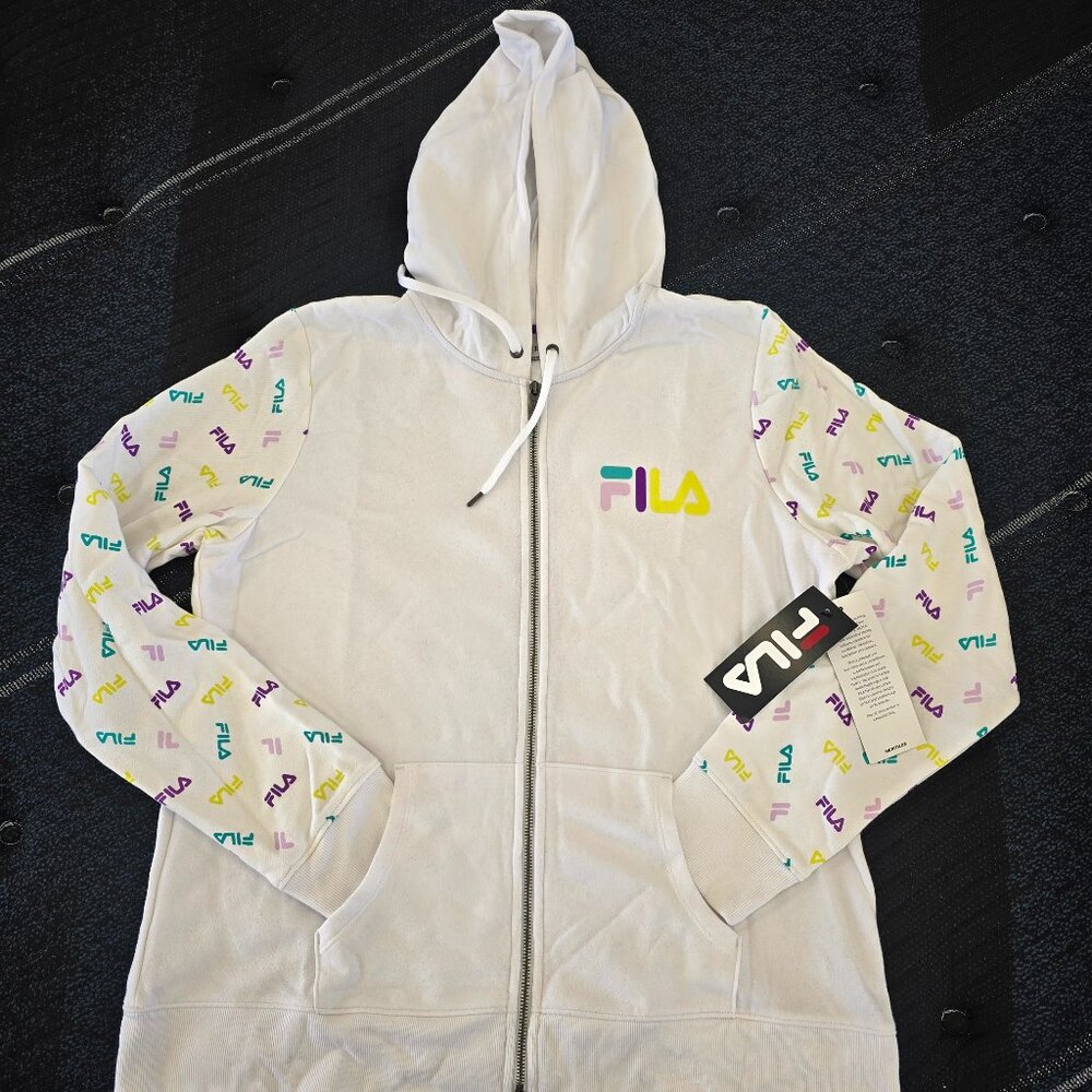 Fila Heritage Women's White Full Zip Hoodie w Multicolor Logo Sleeves - Size XL
